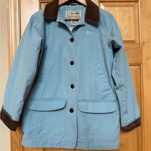 L.L. Bean Women's Light Blue Utility Jacket with Dark Brown Trim